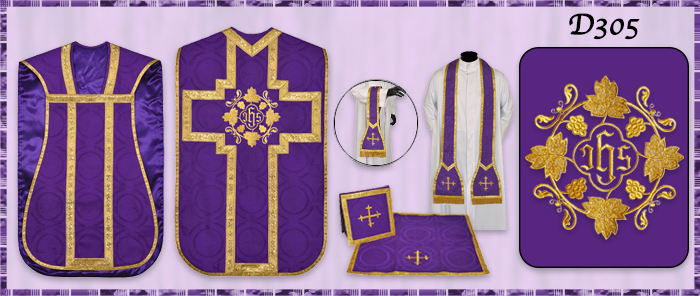 Purple Fiddleback Chasuble with IHS & Grapes Designs -  